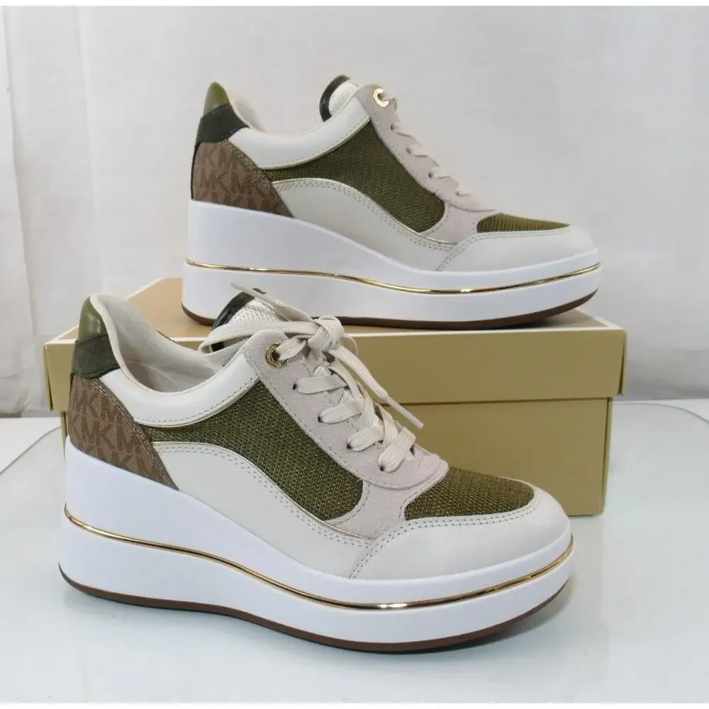 Michael Kors Emmy Wedge Trainer Lace Up Sneakers Leather Husk Multi - Picture 8 of 9